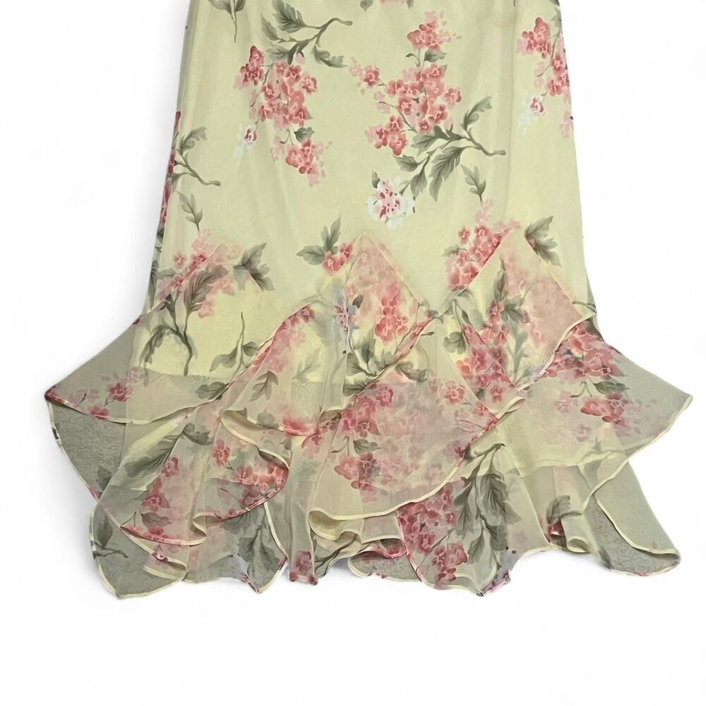 light yellow floral midi/maxi skirt with pink flowers, green leaves, ruffle hem - Picture 2 of 4